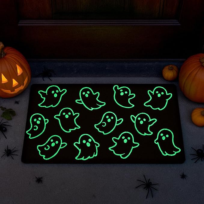 Tinideya Halloween Ghost Door Mat Outdoor Non Slip Coir Rug Welcome Glow in the Dark Doormats Luminous Entrance Rugs for Holiday Decoration 17 x 30 Inch - skull door mat