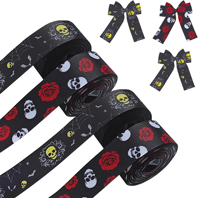 Halloween Ribbons, 4 Rolls Skull Grosgrain Ribbon 20 Yards Red Rose Spider Web Bat Skull Craft Ribbons for Wreath Hair Bow Wrapping Gifts Packing, Halloween Birthday Party Home Accessory - skull wreath
