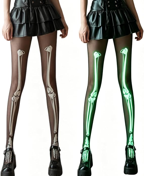 Glow In The Dark Bone Fishnet Stockings Stretchy Lace Leggings High Waist Fishnet Tights for Women Halloween Costumes Decorations - skull leggings