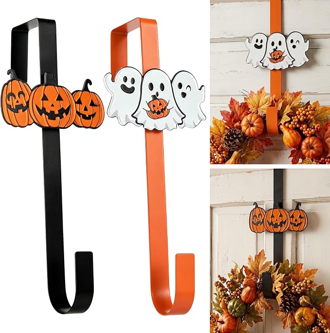 2 Pack Halloween Wreath Hangers for Front Door, Metal Over the Door Hook