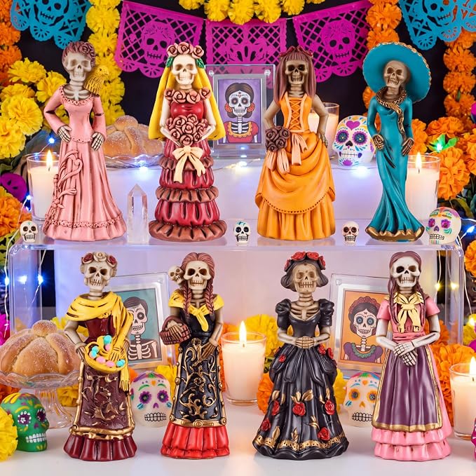 Simgoing 8 Pcs Day of The Dead Figurine Catrina Statue Altar Decoration - skull figurine