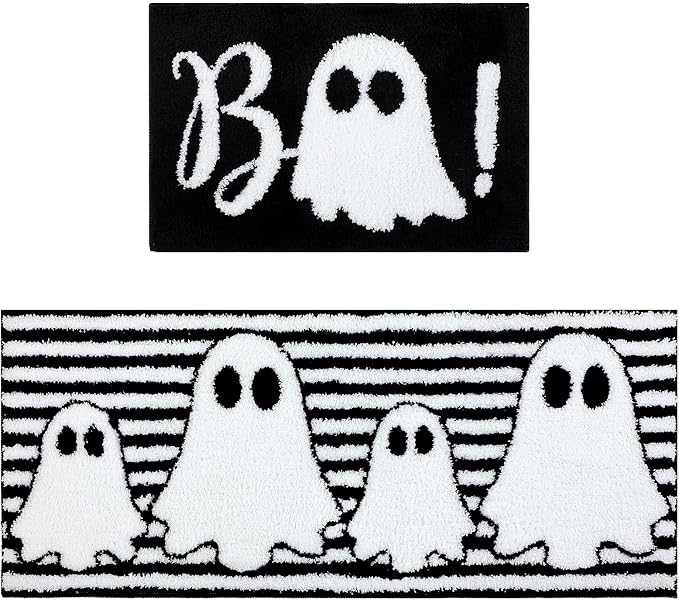 Drydiet 2 Pcs Halloween Bathroom Mat Decor, Black Ghost 20x47''16x24'' - skull carpet