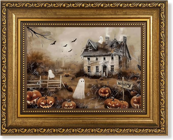 AVECCO Halloween Haunted Pumpkin House Ghost Wall Art Framed Canvas 8x10 in - skull wall art