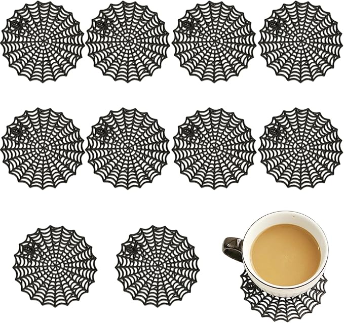 10 Pcs Halloween Spider Web Coasters for Car Cup Holders, Non-Slip Gothic PVC Drink Coasters Heat Resistant Table Mats Ornaments for Halloween Kitchen Home Table Dinning Party Decoration (Black) - skull coaster