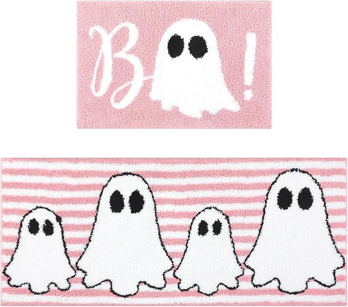 Drydiet 2 Pcs Halloween Bathroom Mat Decor, Cute Pink Ghost 20×47”16×24”