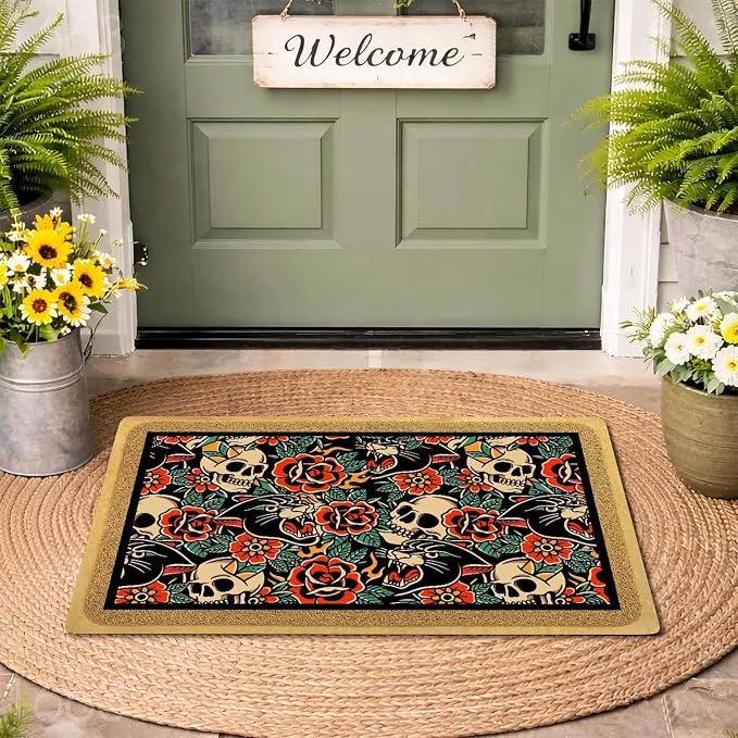 Funny Doormat for Entrance Way Indoor/Outdoor Front Door/Patio Anti-Slip & Heavy Weather Resistant Rugs House Warming Novelty Gift Mat 36"x24" (Gothic Floral Skull) - skull floor mat