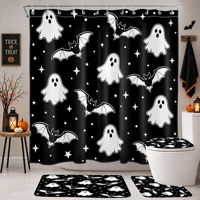4 Pcs Scary Halloween Ghost Shower Curtain Set with Bathroom Rugs - skull toilet mat