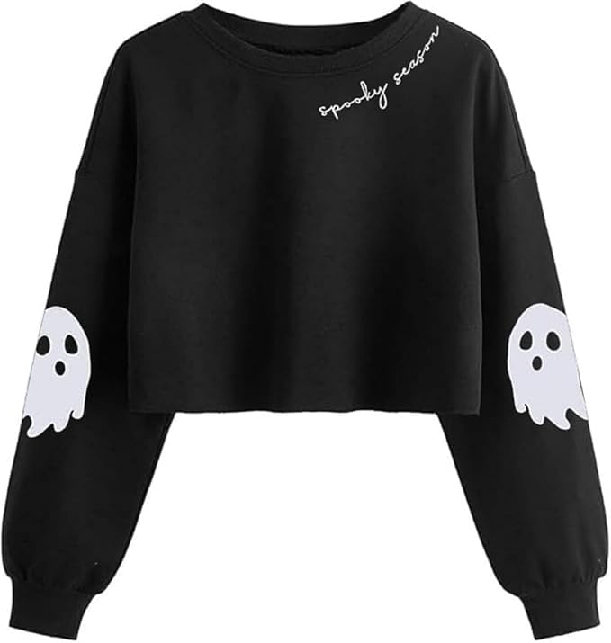 Women Fall Halloween Ghost Crop Sweatshirt Lantern Sleeve Pullover - skull leggings