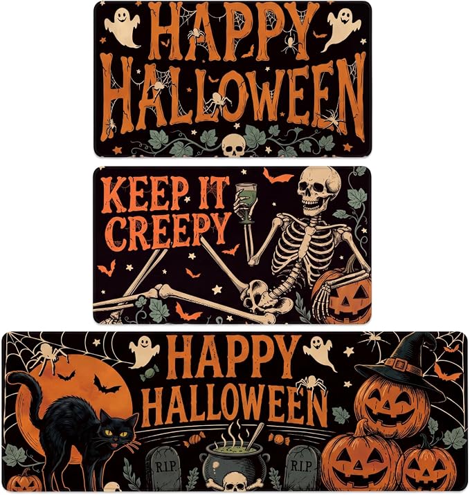 Halloween Kitchen Mats Set of 3, Happy Halloween Kitchen Rugs Set
