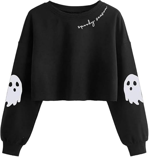 Women Fall Halloween Ghost Crop Sweatshirt Lantern Sleeve Pullover - skull sweatshirts
