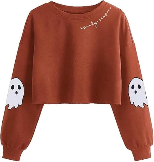 Women Fall Halloween Ghost Crop Sweatshirt Lantern Sleeve Pullover - skull sweatshirts