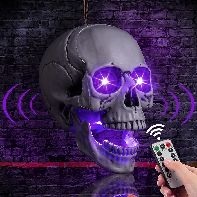 Halloween Spooky Skull Decor with Sound Box & Light up Eyes, Purple