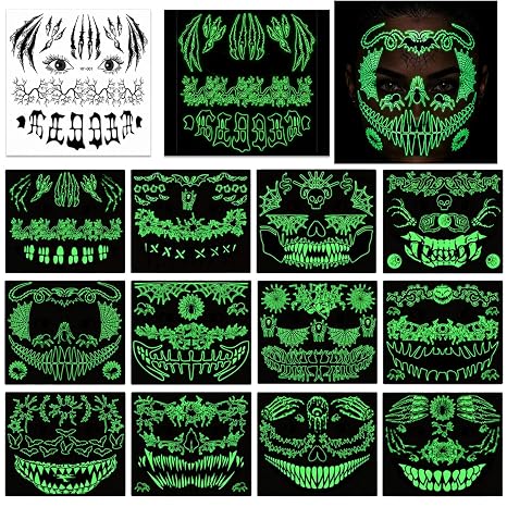 12 Pcs Glow in the Dark Face Tattoos, Halloween Skeleton Stickers - skull sticker