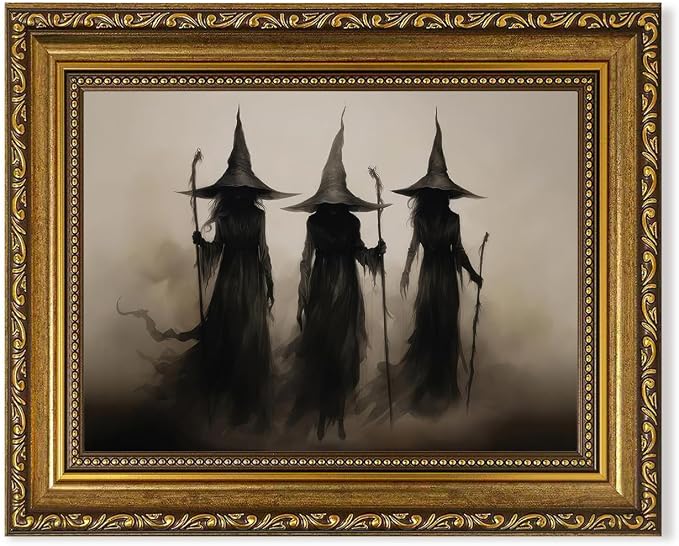 JLTULT Three Witches Halloween Wall Art, Gothic Framed Canvas, 8 x 10 in - skull wall art