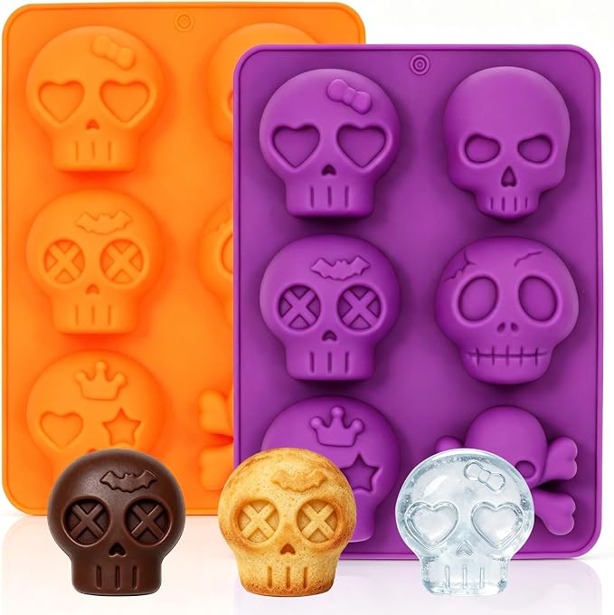 Halloween 2-Pack Skull Silicone Baking Molds Pan - 6-Cavity for Cakelet & Chocolate, BPA-Free Food Grade, Non-Stick Easy Release & Dishwasher Safe - skull ashtray
