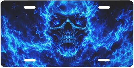 Blue Fire Skull License Plate - 6x12 Inch Aluminum Novelty Decorative Vanity Metal Front Car Plate for Women Men - skull plate