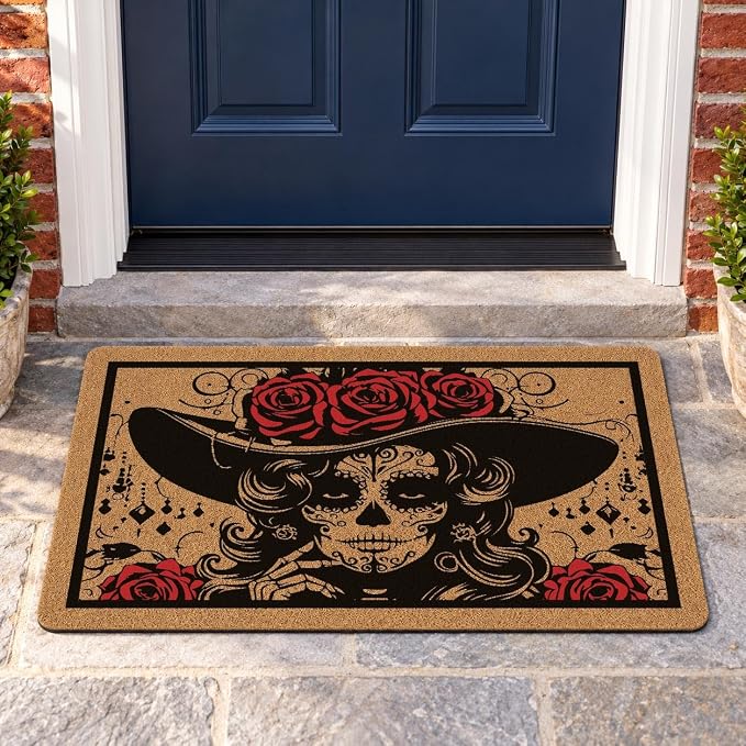 Welcome Door Mat Outdoor Indoor, Low-Profile Floor Mats Non Slip Durable Entrance Rugs for Entry, Patio, High Traffic Areas Front Door, 17" x 29.5" (Sugar Skull Flowers) - skull floor mat
