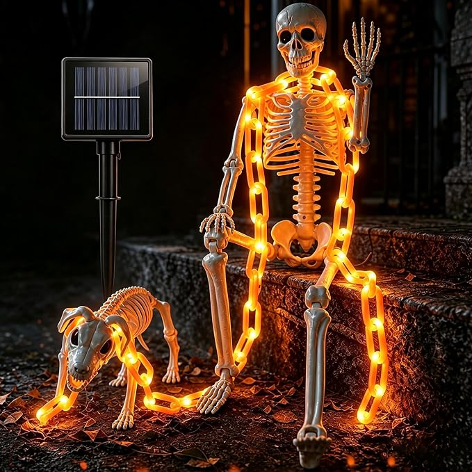3Ft Skeleton & Dog Skeleton with Light Chain, Outdoor Halloween Decorations - skeleton