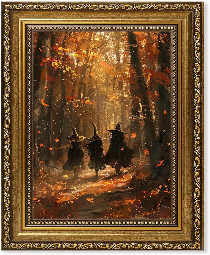 Vintage Halloween Witch Autumn Forest Framed Canvas Wall Art, 8x10 inch - skull wall art