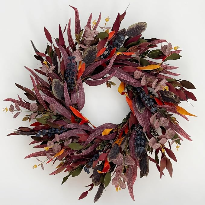 26 Inch Fall Wreaths for Front Door, Eucalyptus and Blueberry Wreath - skull wreath