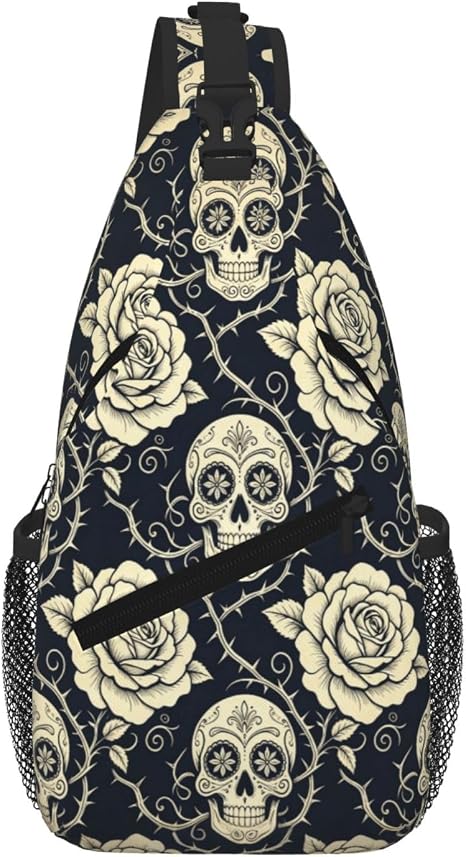 Gold Black Skull Rose Chest Bag Shoulder Bag Daypack Fanny Pack Cross Body Bag For Women Men Hiking Travel For Women Men - skull backpack