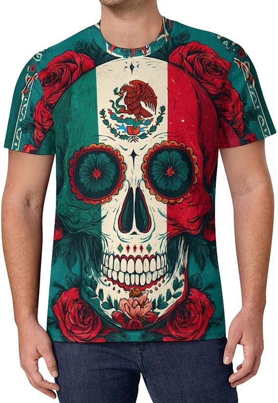 Mexico Sugar Skull Day of The Dead Casual Men's Short Sleeve Shirts Funny Crewneck Tees T-Shirt for Men - skull tshirt