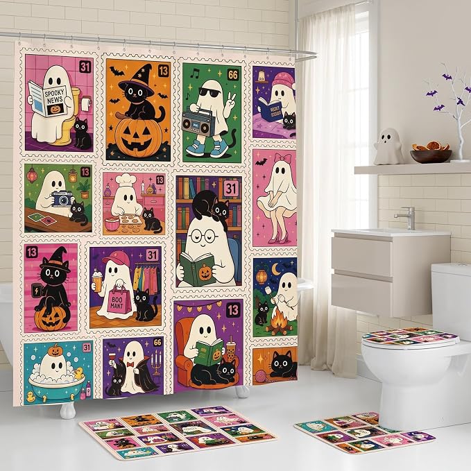Funny Ghost Bathroom Shower Curtain and Rug Set, 4PCS Halloween Curtain Bath Mat Toilet Lid Cover and U-Shaped Mat, Funny Black Cat Bathroom Decor Accessories Set