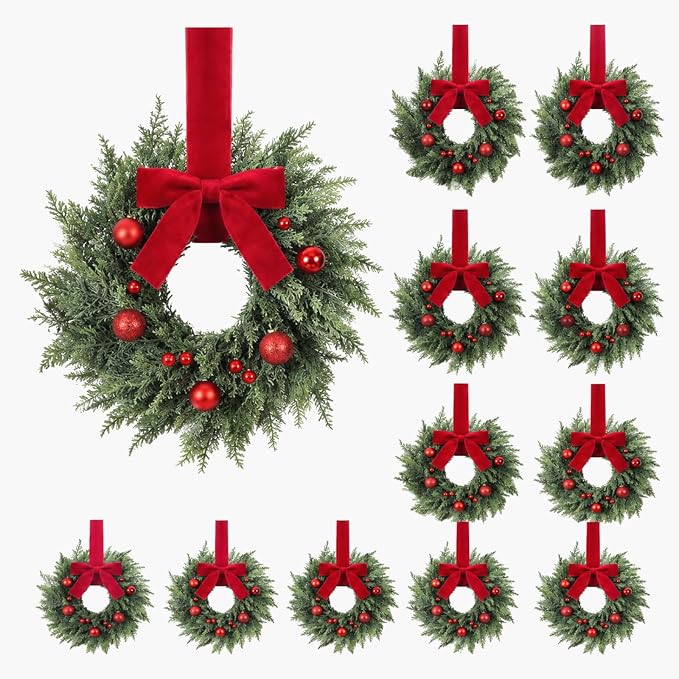 Thiccywoov 12 Pcs 10″ Small Christmas Cabinet Wreaths with Velvet Bow
