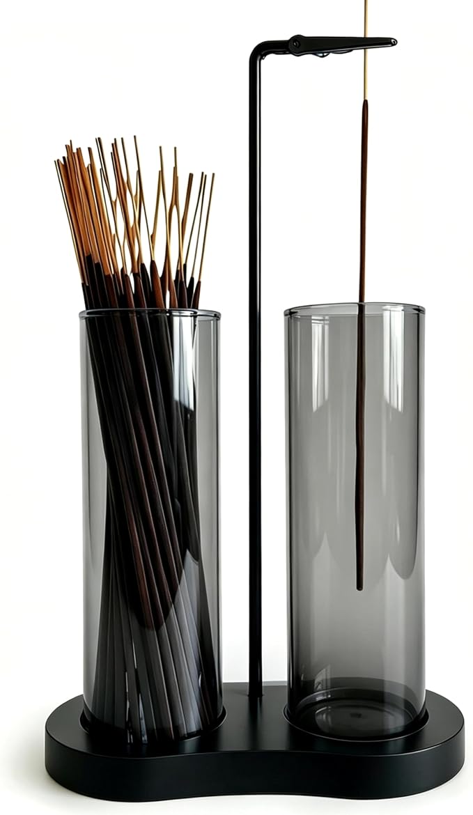 Gray Glass Incense Holder, Black Incense Sticks Burner Holder with Storage,Hang Upside Down Incense Holder for Sticks with Glass Ash Catcher for Meditation Yoga Spa Room Decor (Gray) - skull incense burner