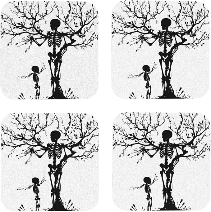 Day of the Dead Skeleton Print Leather Coasters for Drinks, 4" Drink Round Coasters Set of 4 for Tabletop Protection of Cups, Tabletop, and Home Decor (Square) - skull coaster