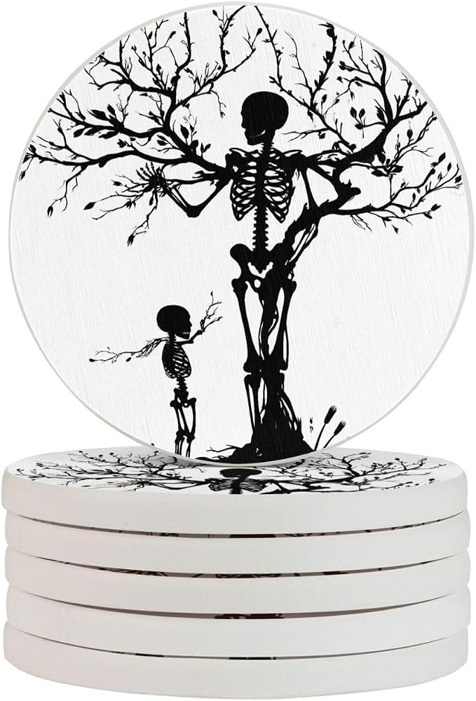 Day of the Dead Skeleton Print Diatomaceous Earth Coasters Set 6 Pieces Absorbent Stone Coasters for Drinks Quick Dry, Water Absorbing for Home, Office & Coffee Time - skull coaster