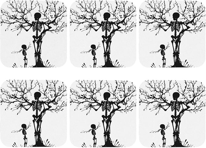 Day of the Dead Skeleton Print Leather Coasters for Drinks, 4" Drink Round Coasters Set of 6 for Tabletop Protection of Cups, Tabletop, and Home Decor (Square) - skull coaster