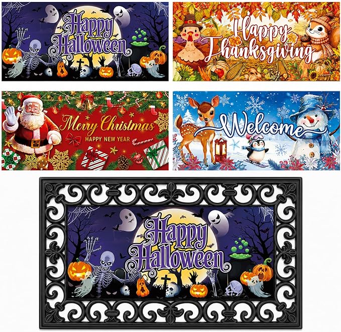 Halloween & Fall Doormat Inserts, 4-Pack 22 x 10 Inch Interchangeable Welcome Mats for Thanksgiving, Christmas and Winter, Non-Slip Front Door Decor, Tray Not Included