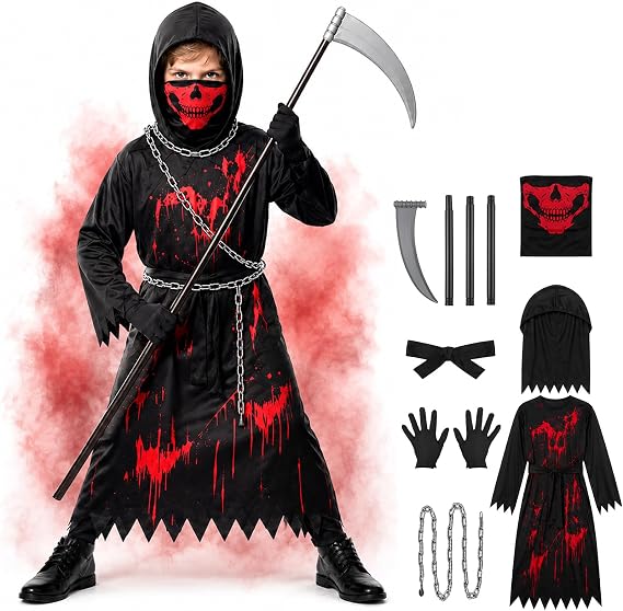 QIMYGIFT Scary Bloody Grim Reaper Costume for Boys, Kids Halloween Costume Set with Skull Face Mask Scythe Plastic Chains - sugar skull costume