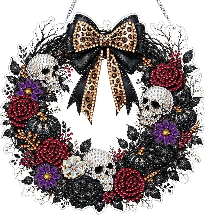 NXIKYO Hanging Skull Diamond Art Kits for Adults, Pendant Diamonds Painting Art Gothic Roses Wreath Kit, Special Shaped Acrylic Diamonds Painting Board Kit Ornament for Wall Window Garden Decor - skull wreath