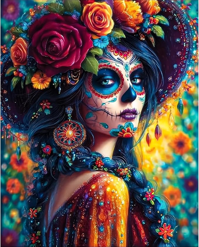 NXIKYO Sugar Skull Woman Paint by Numbers Kit for Adults Beginner, Adult Paint by Number Kits on Floral Canvas, DIY Acrylic Oil Easy Painting by Numbers for Home Wall Decor 16x20 inch (Without Frame) - skull painting