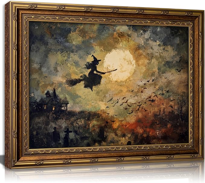 Vintage Gold Framed Wall Art, Witch on Broomstick Halloween Oil Painting Print, Spooky Full Moon Graveyard Decor for Living Room, Bedroom, Ready to Hang
