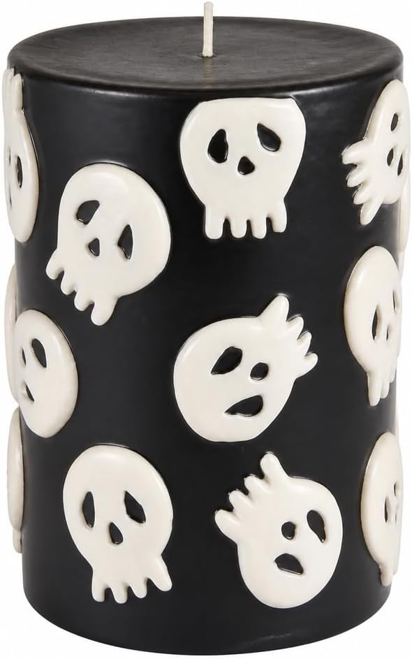 Mud Pie Halloween Pillar Candle, Black Candle with Hand Painted Skulls - skull candle