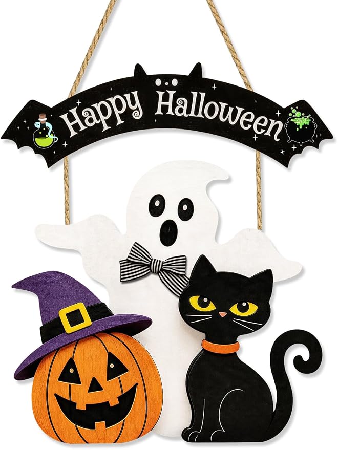Halloween Wreaths for Front Door Welcome Sign for Happy Halloween Wall Decorations Wooden Boo Ghost Black Cat Pumpkin Hanging Wall Decor Indoor Holiday Decor