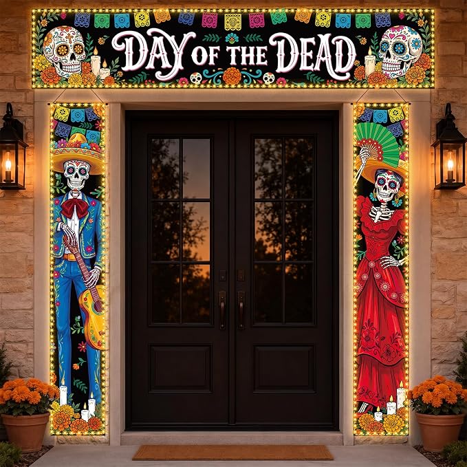 3pcs 71×12 Inch Day of The Dead Lighted Door Banners Sugar Banner, Skull