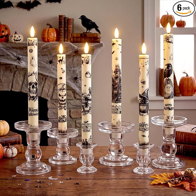 Aurelema 6 Pcs Halloween LED Flameless Candle Set Vintage Gothic Taper Candles Battery Operated with Remote Skull Candles Raven Pumpkin Decorations for Home Halloween Party Favors Spooky Season Decor - skull candle