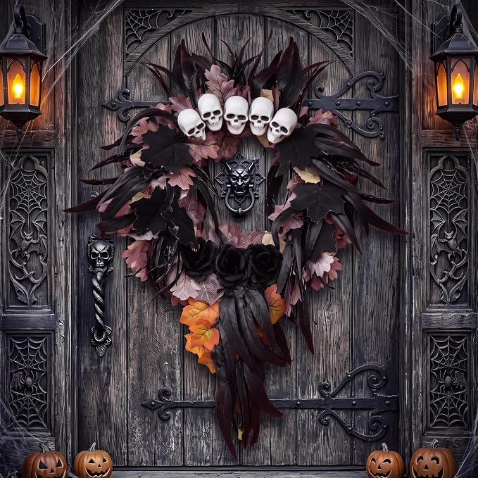 Riceshoot 24 Inch Halloween Wreath for Front Door Dark Gothic Spooky Decor - skull wreath