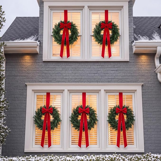 Roowest 6 Pack 12'' Christmas Window Wreaths Decorations & Red Velvet Bow - skull wreath