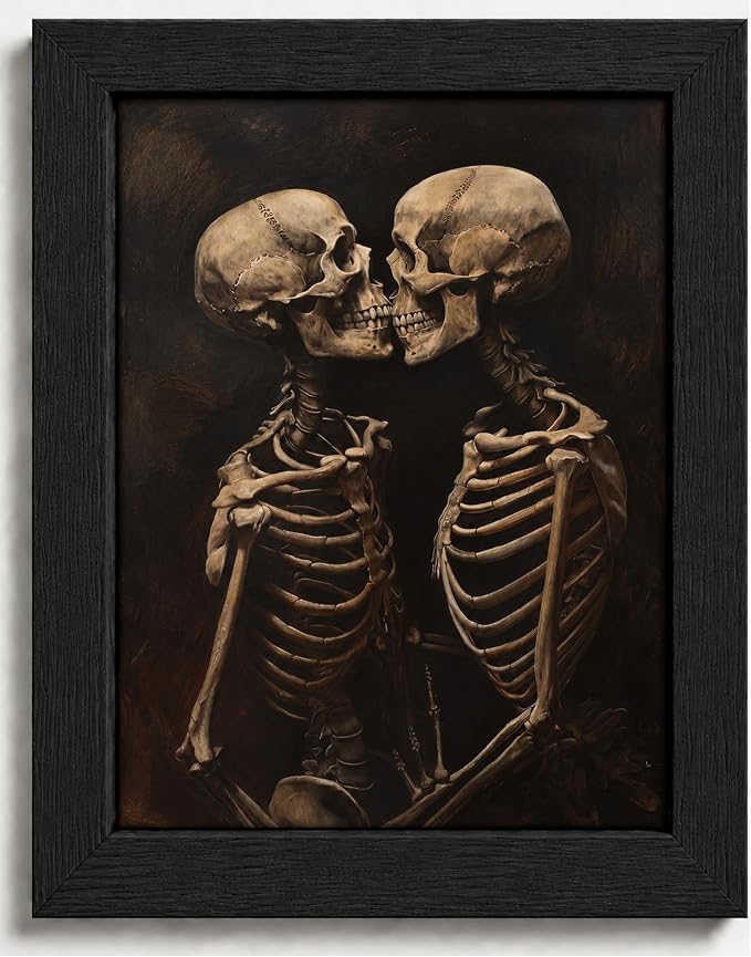 Framed Halloween Skeleton Lovers Wall Art Dark Romantic Kissing Skeletons Pictures Prints Horror and Eeriness Wall Decor for Bedroom Living Room Office Spooky Goth Apartment Dorm Home Decoration 8x10in