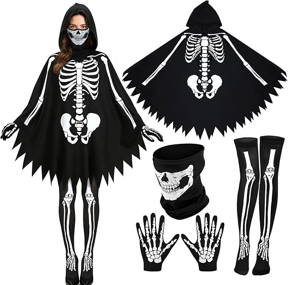 4 PCS Women Skeleton Halloween Outfits Skeleton Poncho Costume - sugar skull costume