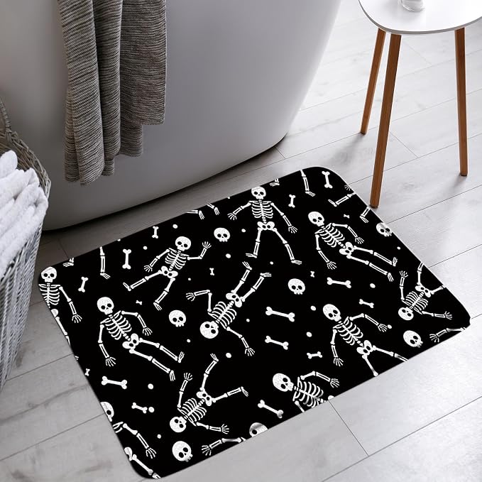 Halloween Skeleton Bath Mat Funny Black White Skull Gothic Spooky Party Holiday Bathtub Area Rugs Bathroom Decor (18×30 Inch)