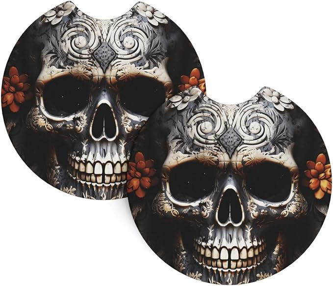 2 Pack Car Coaster for Cup Holders Day of Dead Skull Car Cup Coaster 2.7" Neoprene Non-Slip Automotive Cup Mat Universal Auto Car Interior Accessories for Women Men Cup Pad - skull coaster