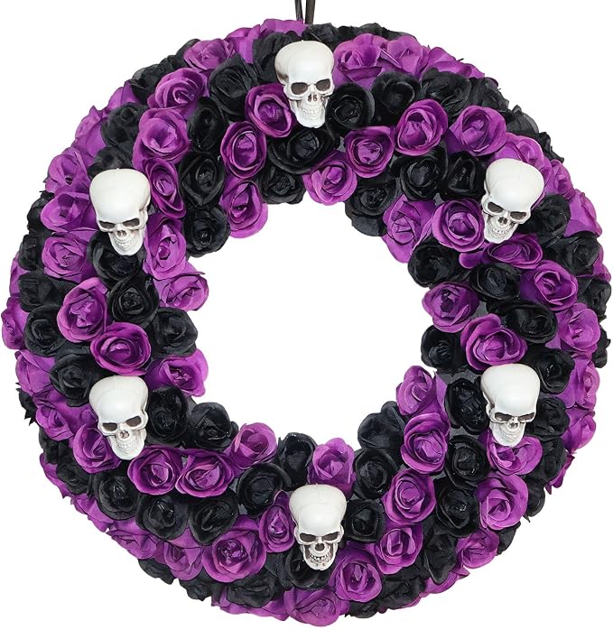 18 Inch Black & Purple Silk Rose Halloween Wreath, 6 Plastic Skulls - skull wreath