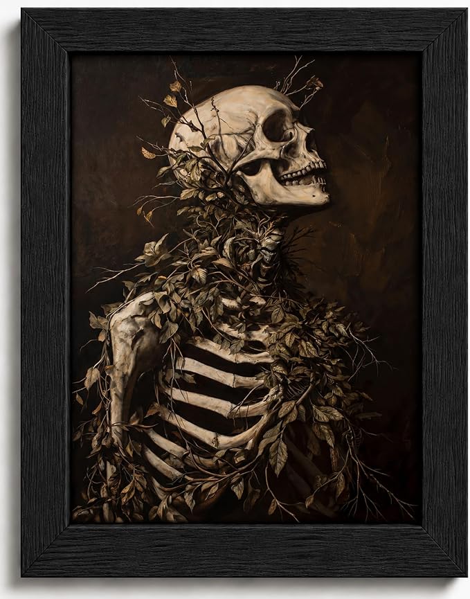 Framed Gothic Skeleton Wall Art Dark Academia Halloween Pictures Prints Horror and Eeriness Wall Decor for Bedroom Living Room Office Spooky Goth Apartment Dorm Home Decoration 8x10in