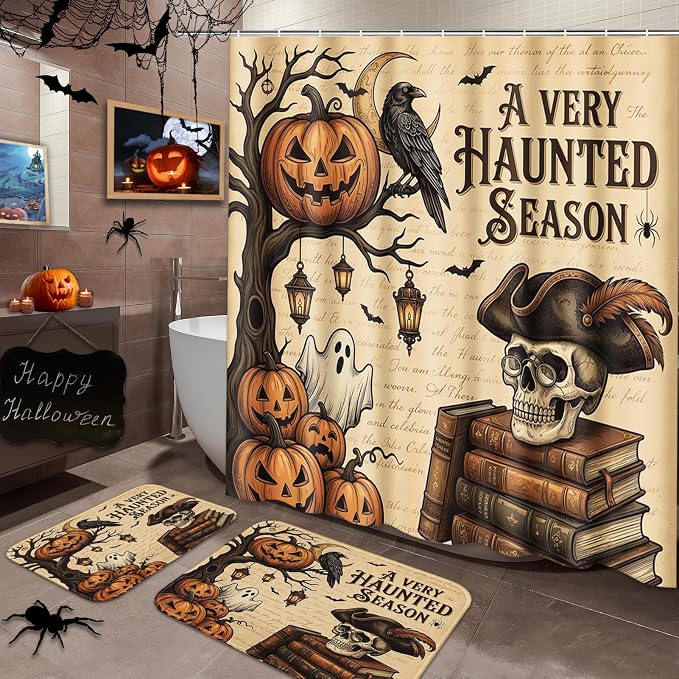 Arttown Halloween Bathroom Set, Shower Curtain and Bath Rugs, Skull Gothic - skull toilet mat
